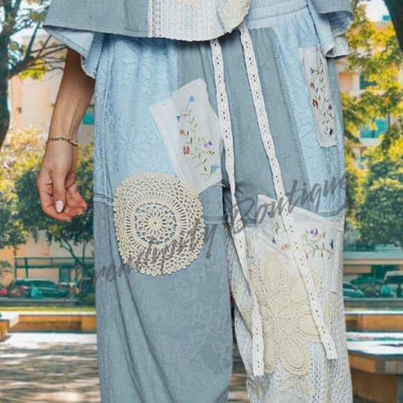 POL Lace & Patchwork Denim Gauze Super Baggy Flare Wide Leg Boho Pants - Picture 4 of 11